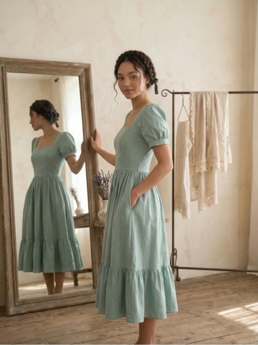 Hearts and Found Isadora Jade Green Solid Cotton Dress - Picture 2 of 8